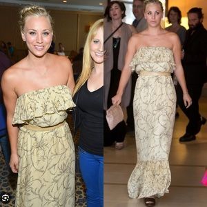 ODYLYNE Bohemian Ruffled Floral 100% Silk Maxi Strapless Dress